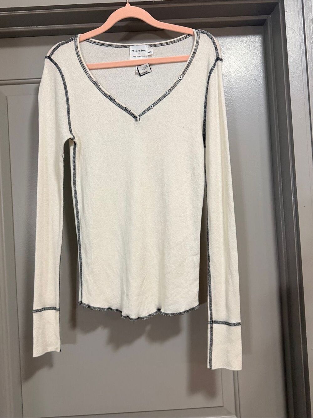 Michael Stars Anthropologie Cream Contrast Stitch V-Neck Knit Top Size XS/S